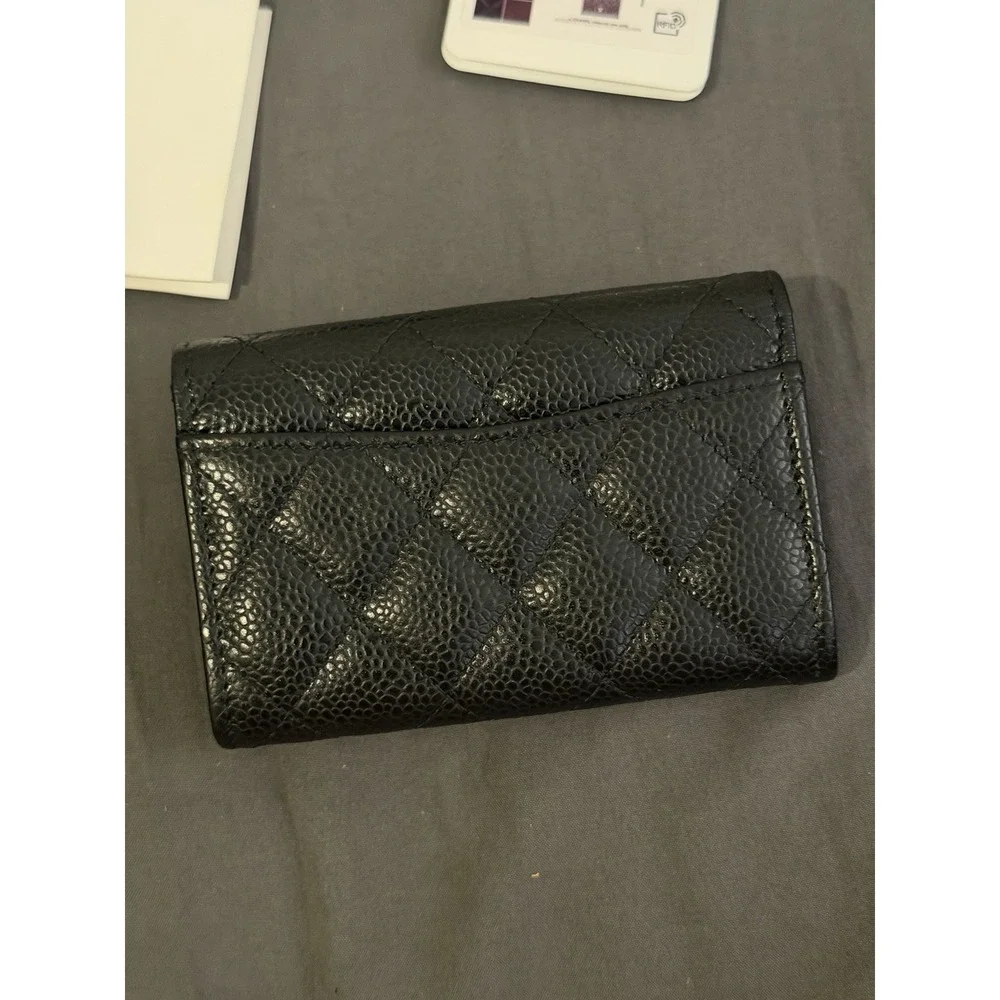 CHANEL Caviar Quilted Flap Card Holder Wallet Black Gold CC